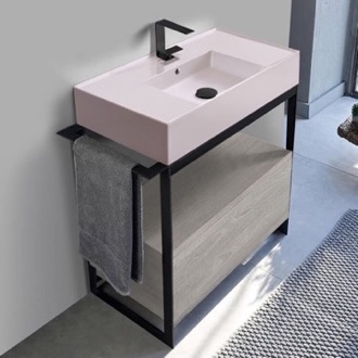 Console Bathroom Vanity Pink Sink Bathroom Vanity, Floor Standing, Modern, Grey Oak, 35